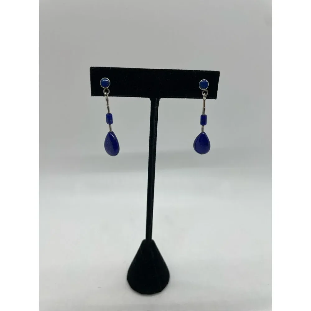 Triple Lapis Lazuli and Sterling Threader Earrings Vintage